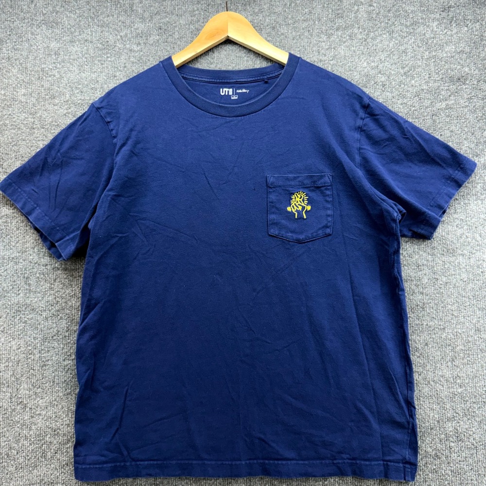 UNIQLO UT Keith Haring Graphic‎ T Shirt Navy Blue Mens Size Large Pocket Tee